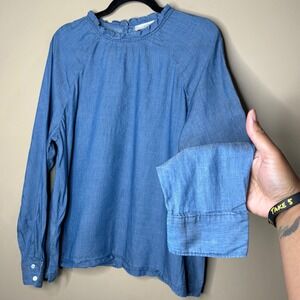 LOFT Women's Sz XL Blue Denim Chambray Ruffle Collar Long Sleeve
